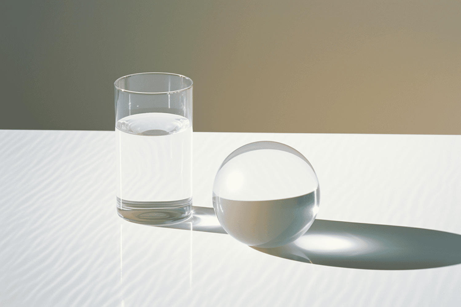 A glass of water and a clear glass sphere throwing a long refracted shadow across a white table.